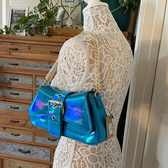 Iridescent Metallic Shiny Aqua Blue - Gold Buckle Crossbody / Chain Straps - NWT - Picture 4 of 10